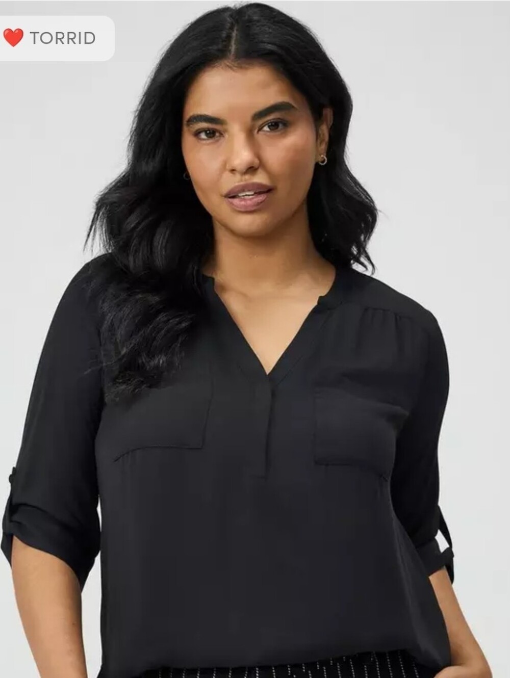 torrid Black Split V-Neck Roll-Tab Sleeve Blouse